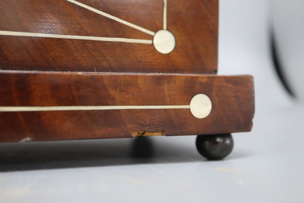 A Regency style mahogany mantel timepiece, with brass and mother of pearl inlay, height 38cm